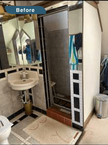 A before picture of a cluttered bathroom.