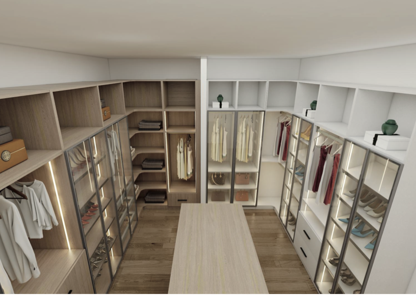 A custom closet showroom with both natural wood and white closet systems.