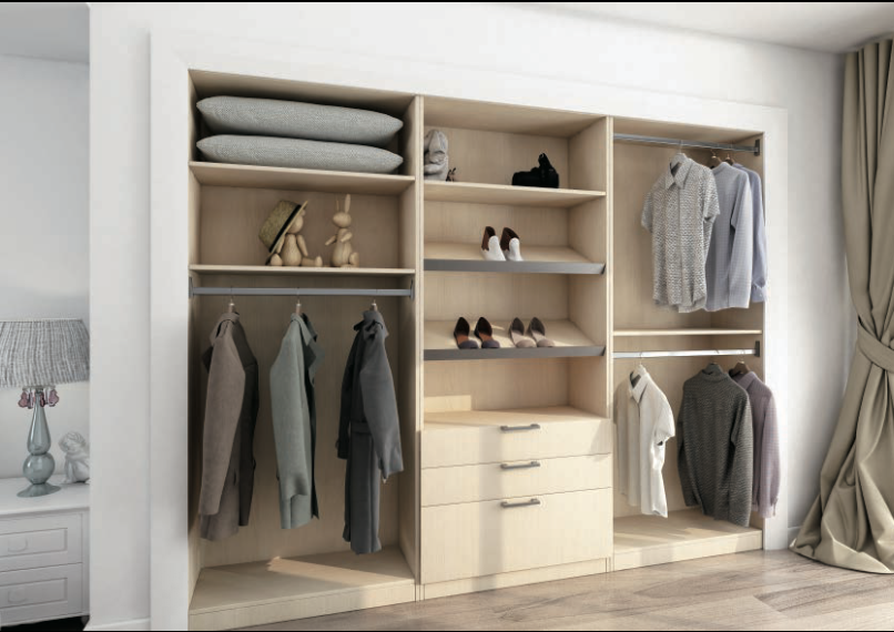 A natural wood toned custom closet system,.