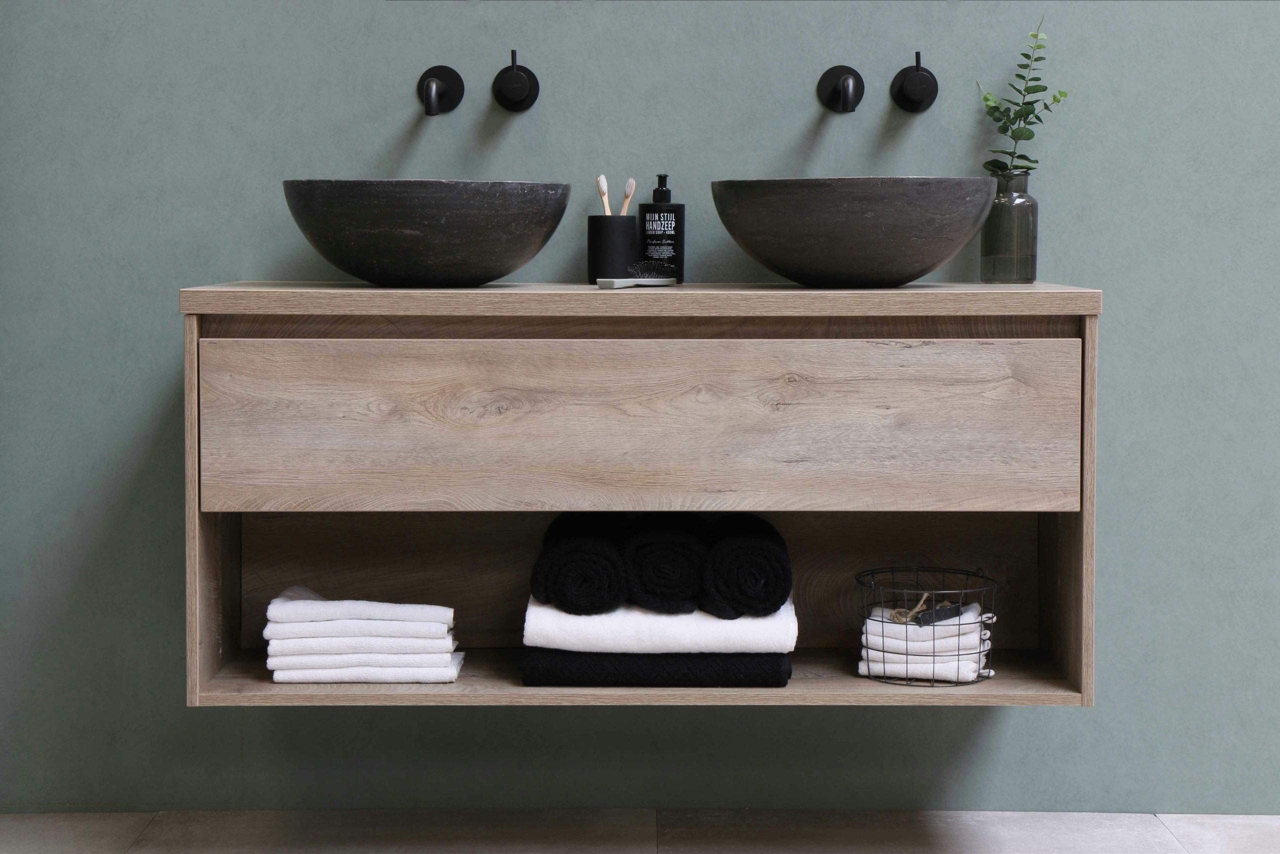 A bathroom vanity with great storage ideas.